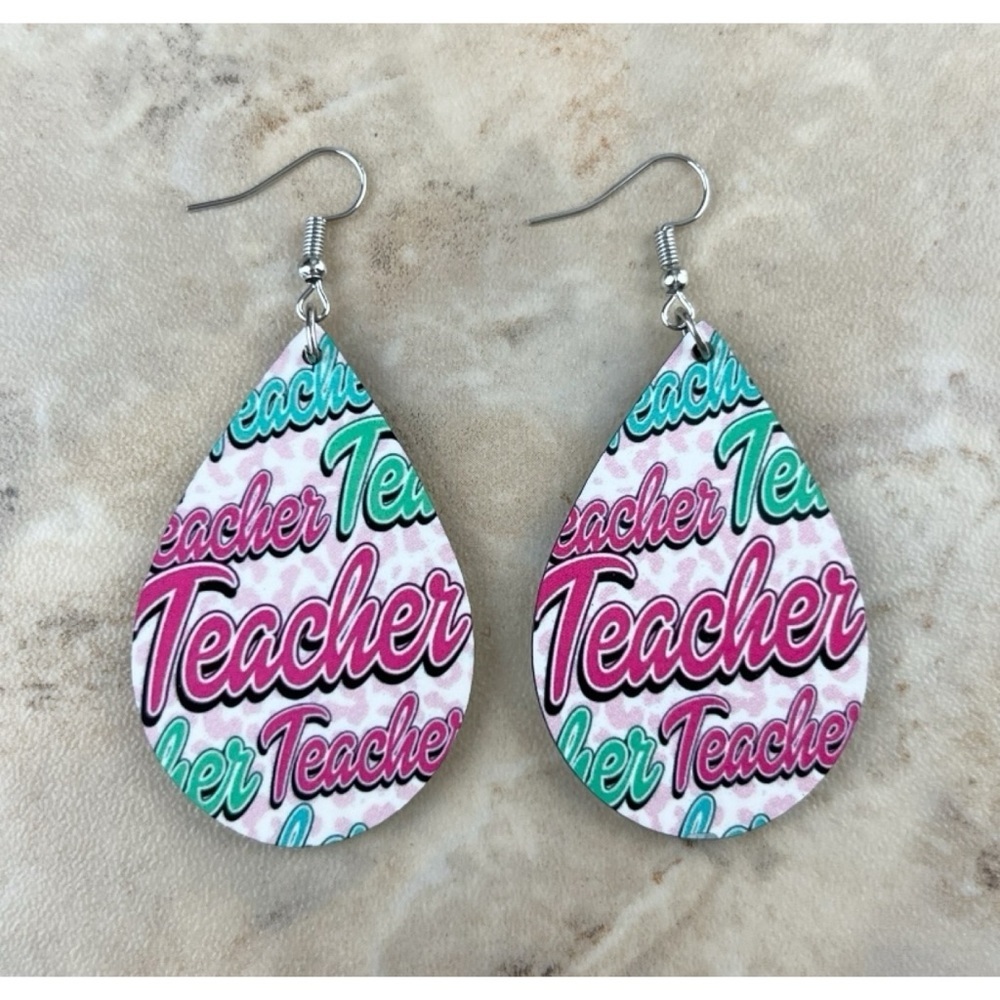 NEW Teacher Leopard Print Teardrop Earrings Hook Dangle Colorful Sublimated Wood